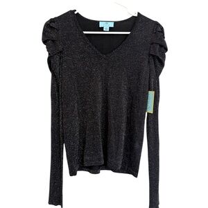 2/$30 CeCe - Black Shimmer V-Neck Long Sleeve Top Puff Shoulder XS NWT